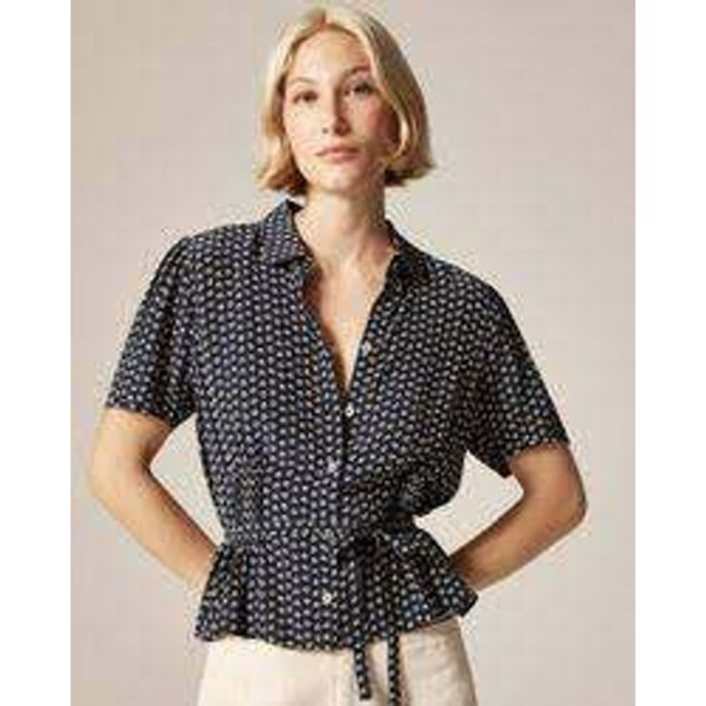 J.Crew Button Down Shirt Womens 8 Navy Floral CN487 Side Tie Viscose Top